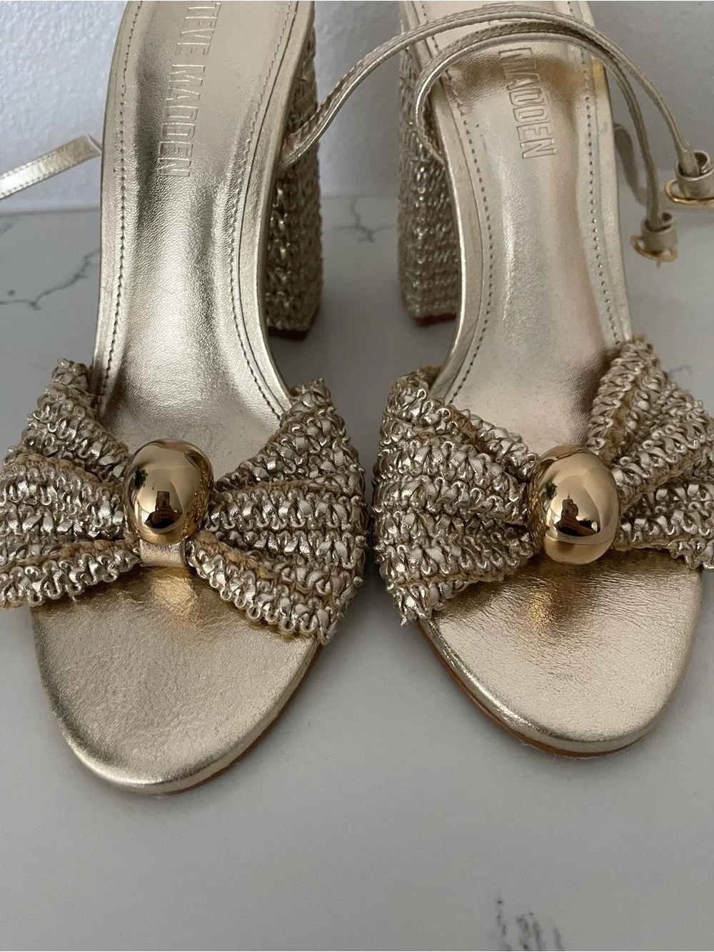 Steve Madden Metallic Gold Bow Ankle-Strap Heels